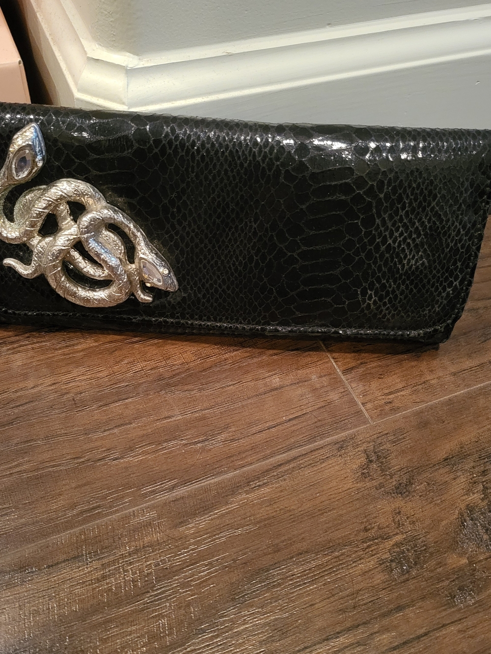 Steve Madden Black Snake-Embellished Envelope Clutch